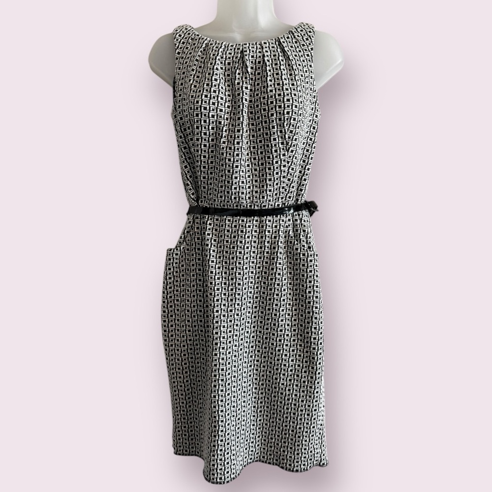 Chaps Black White Patterned Belted Sheath Dress Size 4